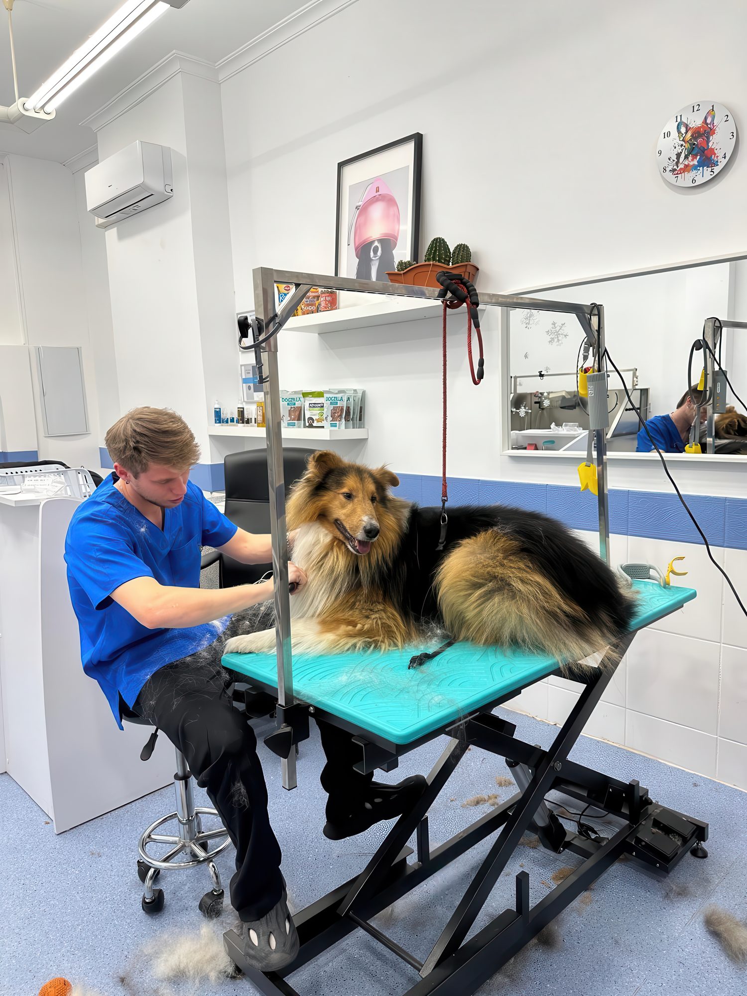 Fran trabajando con un perro de pelo largo