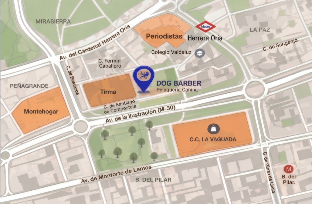 Mapa de ubicación de Dog Barber junto a la Avenida de la Ilustración en Madrid