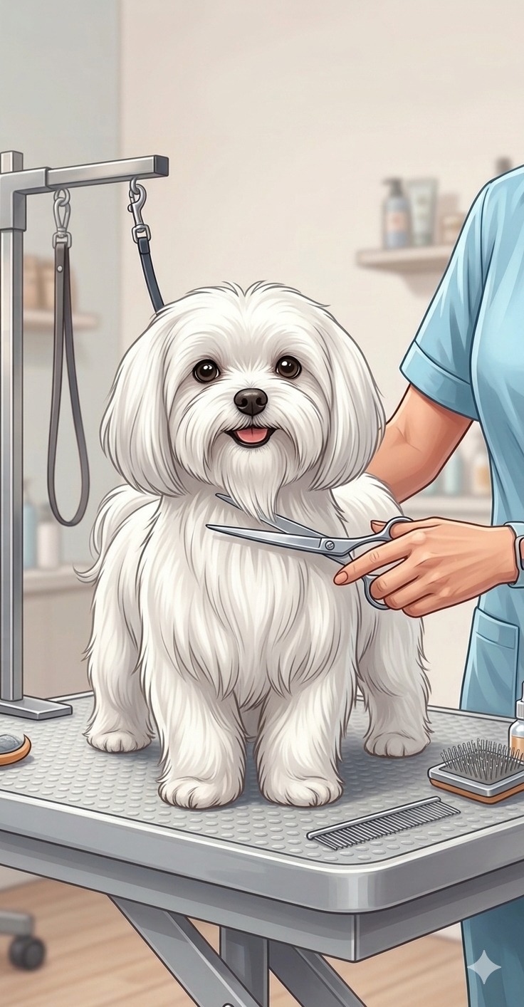 Perro con corte comercial terminado en Dog Barber